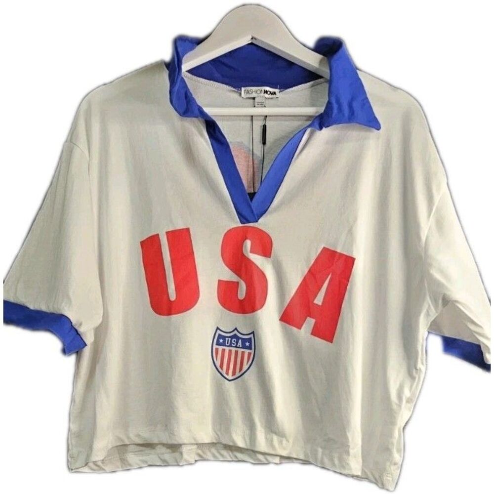 Fashion Nova USA Soccer Polo Crop Jersey Top Women’s Large Patriotic